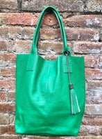 Bright GREEN tote leather bag. Genuine leather shopper. Large carry all bag for your laptop / books. GREEN leather shoulder bag. Green purse
