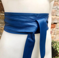 Cobalt blue obi belt. Wrap belt in soft genuine leather. Wraparound waist belt. Wide style. Boho dress belt in soft royal blue leather