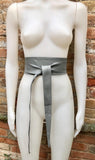 GRAY obi belt. Wrap belt in soft genuine leather. Wraparound waist belt. Wide style. Boho dress belt in medium GREY leather. Grey dress belt