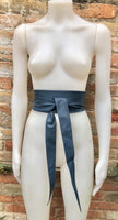 Dark denim blue obi belt. Wrap belt in soft genuine leather. Wraparound waist belt. Wide style. Blue boho dress belt in blue-gray