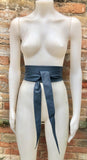 Dark denim blue obi belt. Wrap belt in soft genuine leather. Wraparound waist belt. Wide style. Blue boho dress belt in blue-gray