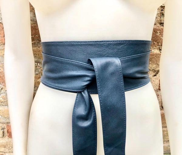 Dark denim blue obi belt. Wrap belt in soft genuine leather. Wraparound waist belt. Wide style. Blue boho dress belt in blue-gray