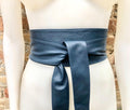 Dark denim blue obi belt. Wrap belt in soft genuine leather. Wraparound waist belt. Wide style. Blue boho dress belt in blue-gray
