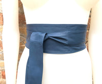 Dark denim blue obi belt. Wrap belt in soft genuine leather. Wraparound waist belt. Wide style. Blue boho dress belt in blue-gray