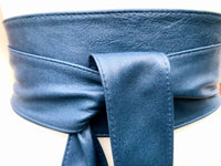 Dark denim blue obi belt. Wrap belt in soft genuine leather. Wraparound waist belt. Wide style. Blue boho dress belt in blue-gray