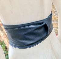 Dark denim blue obi belt. Wrap belt in soft genuine leather. Wraparound waist belt. Wide style. Blue boho dress belt in blue-gray
