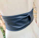 Dark denim blue obi belt. Wrap belt in soft genuine leather. Wraparound waist belt. Wide style. Blue boho dress belt in blue-gray