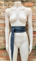 Dark denim blue obi belt. Wrap belt in soft genuine leather. Wraparound waist belt. Wide style. Blue boho dress belt in blue-gray