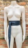 Dark denim blue obi belt. Wrap belt in soft genuine leather. Wraparound waist belt. Wide style. Blue boho dress belt in blue-gray