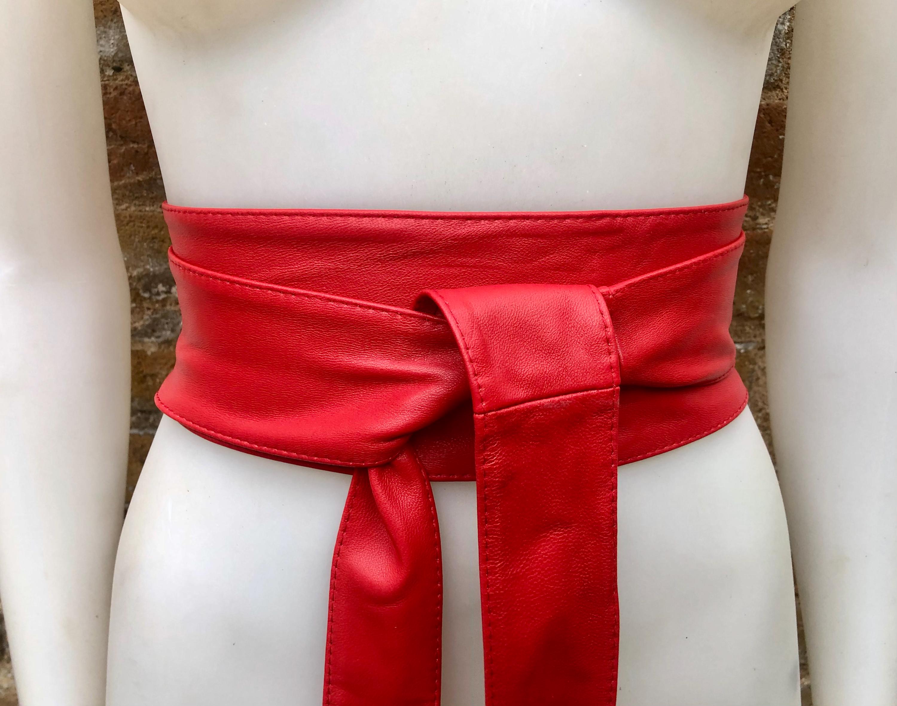 Red obi belt. Wrap belt in soft genuine leather. Wraparound waist belt. Wide style. Red boho dress belt. Bright red overall belt
