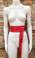 Red obi belt. Wrap belt in soft genuine leather. Wraparound waist belt. Wide style. Red boho dress belt. Bright red overall belt