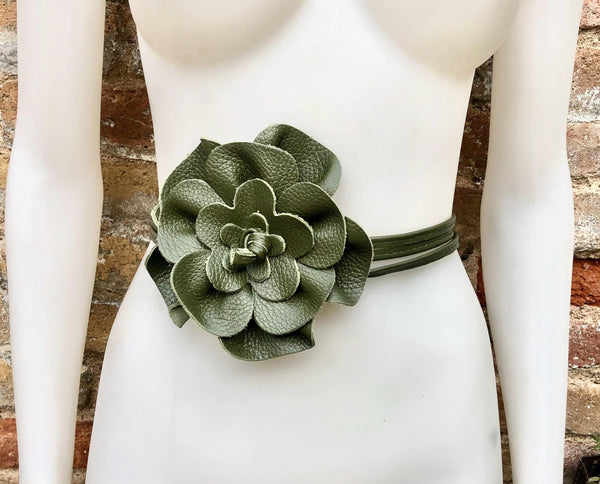 Flower leather belt in khaki green. Waist, overall or dress belt. Genuine leather. Green rose belt. Large dark green flower.