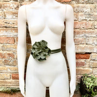 Flower leather belt in khaki green. Waist, overall or dress belt. Genuine leather. Green rose belt. Large dark green flower.