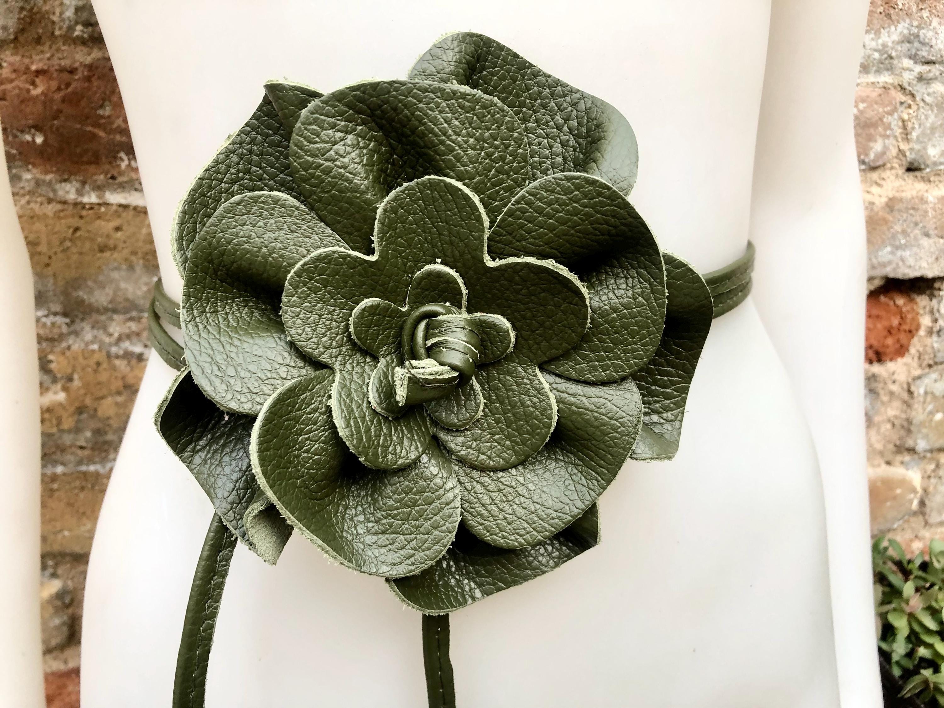 Flower leather belt in khaki green. Waist, overall or dress belt. Genuine leather. Green rose belt. Large dark green flower.