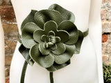 Flower leather belt in khaki green. Waist, overall or dress belt. Genuine leather. Green rose belt. Large dark green flower.
