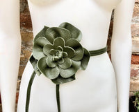 Flower leather belt in khaki green. Waist, overall or dress belt. Genuine leather. Green rose belt. Large dark green flower.