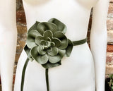 Flower leather belt in khaki green. Waist, overall or dress belt. Genuine leather. Green rose belt. Large dark green flower.
