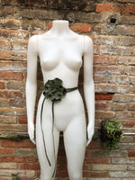 Flower leather belt in khaki green. Waist, overall or dress belt. Genuine leather. Green rose belt. Large dark green flower.