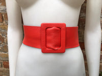 Red leather waist belt with large buckle. Soft leather belt in bright coral red. Genuine leather red dress belt. Wide red waist belt