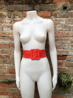 Red leather waist belt with large buckle. Soft leather belt in bright coral red. Genuine leather red dress belt. Wide red waist belt