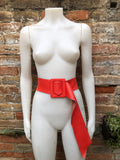 Red leather waist belt with large buckle. Soft leather belt in bright coral red. Genuine leather red dress belt. Wide red waist belt