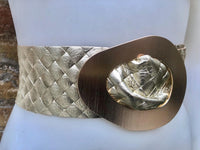 GOLD metallic leather waist belt with large metal buckle. Soft leather belt in gold. Boho glitter genuine leather belt. Gold waist belt
