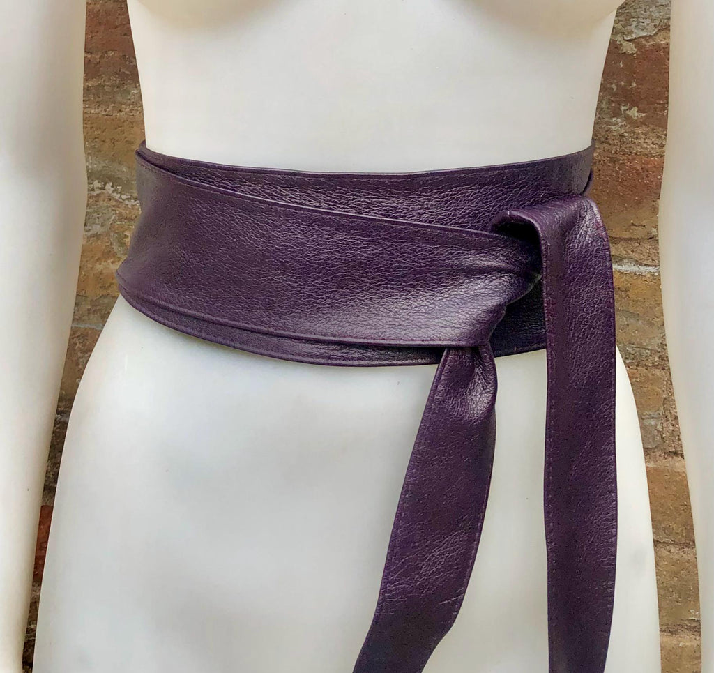Dark PURPLE obi belt. Wrap belt in soft genuine leather. Wraparound waist belt. Wide style. Boho dress belt in soft EGGPLANT leather