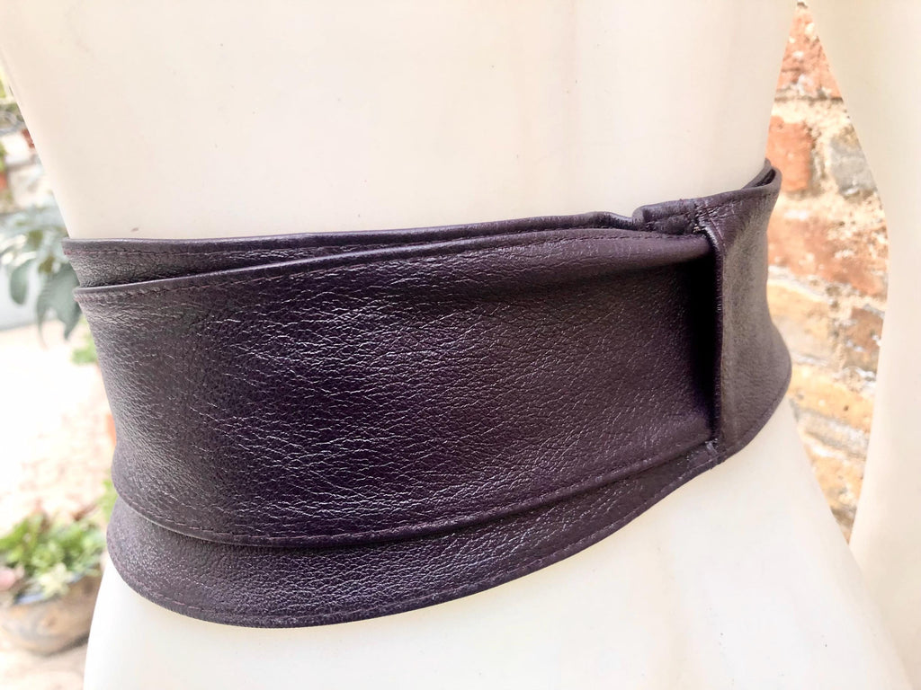 Dark PURPLE obi belt. Wrap belt in soft genuine leather. Wraparound waist belt. Wide style. Boho dress belt in soft EGGPLANT leather