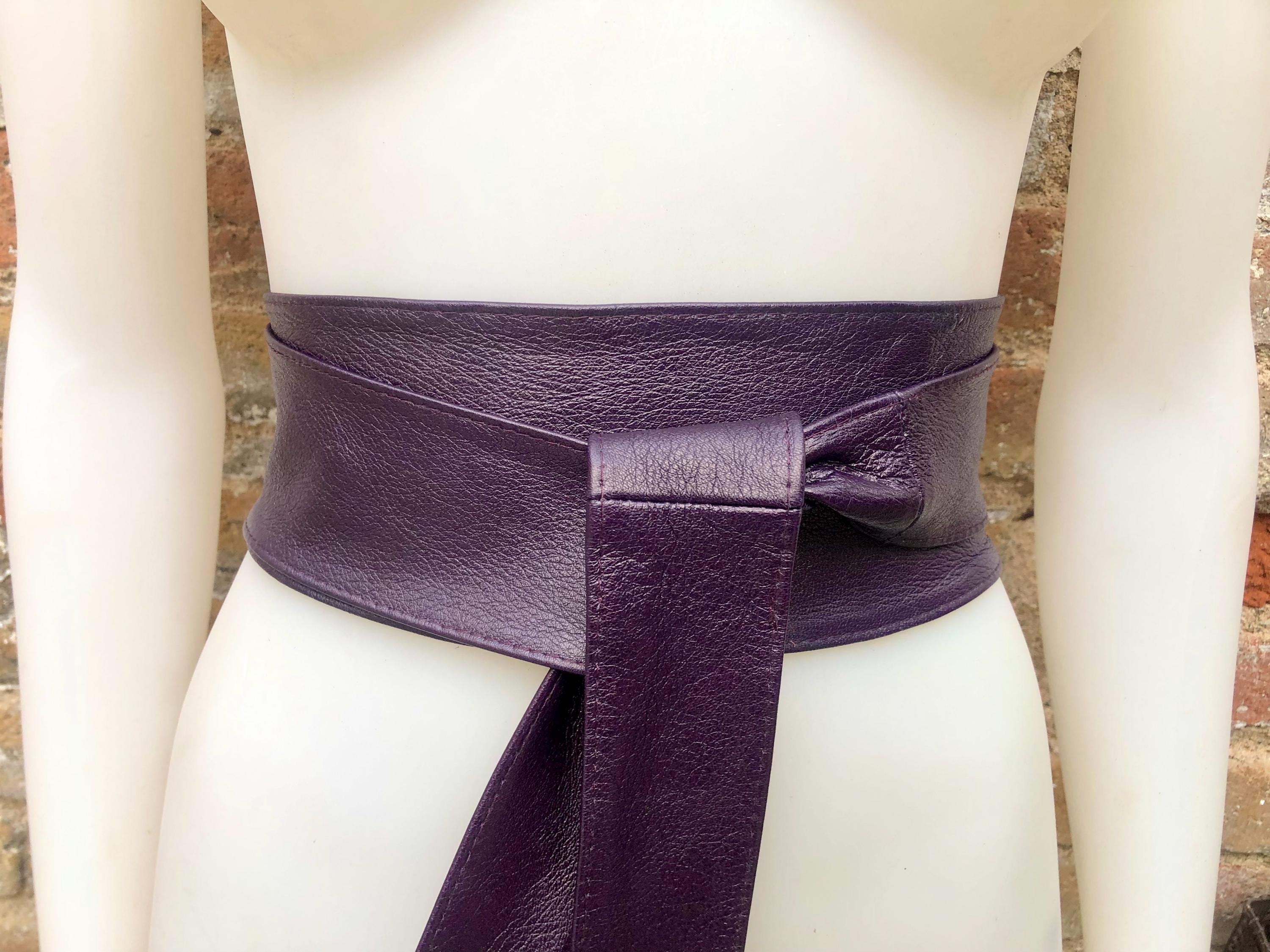 Dark PURPLE obi belt. Wrap belt in soft genuine leather. Wraparound waist belt. Wide style. Boho dress belt in soft EGGPLANT leather