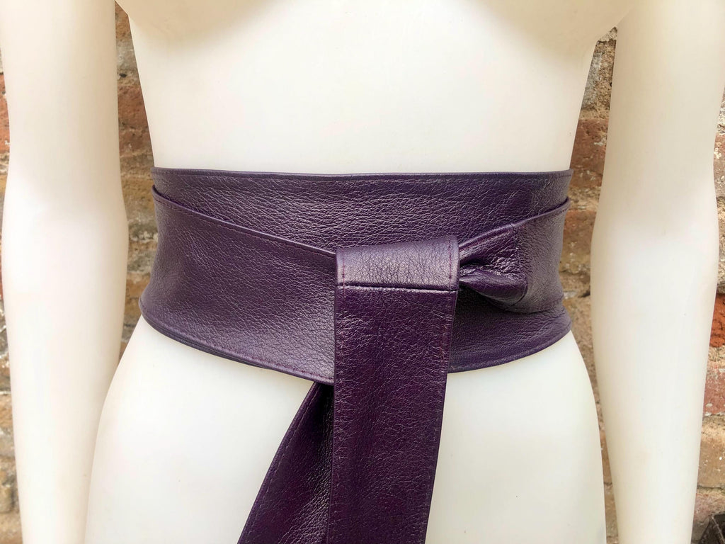 Dark PURPLE obi belt. Wrap belt in soft genuine leather. Wraparound waist belt. Wide style. Boho dress belt in soft EGGPLANT leather