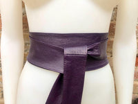 Dark PURPLE obi belt. Wrap belt in soft genuine leather. Wraparound waist belt. Wide style. Boho dress belt in soft EGGPLANT leather