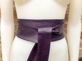 Dark PURPLE obi belt. Wrap belt in soft genuine leather. Wraparound waist belt. Wide style. Boho dress belt in soft EGGPLANT leather