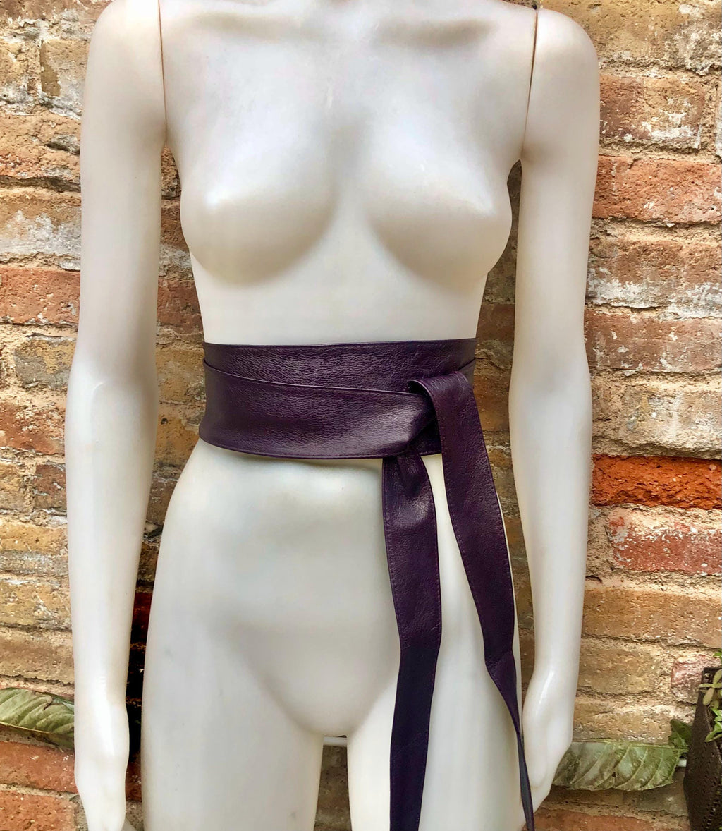 Dark PURPLE obi belt. Wrap belt in soft genuine leather. Wraparound waist belt. Wide style. Boho dress belt in soft EGGPLANT leather