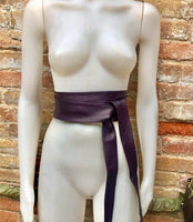 Dark PURPLE obi belt. Wrap belt in soft genuine leather. Wraparound waist belt. Wide style. Boho dress belt in soft EGGPLANT leather