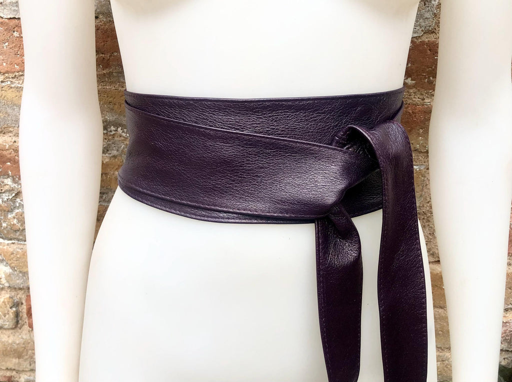 Dark PURPLE obi belt. Wrap belt in soft genuine leather. Wraparound waist belt. Wide style. Boho dress belt in soft EGGPLANT leather