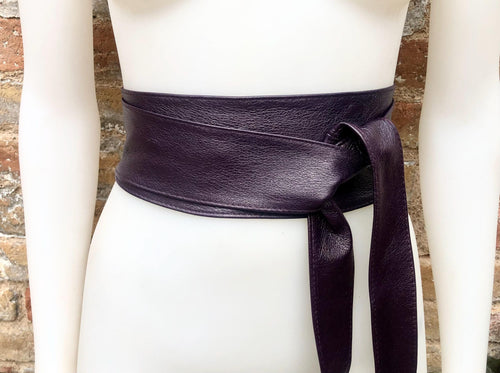 Dark PURPLE obi belt. Wrap belt in soft genuine leather. Wraparound waist belt. Wide style. Boho dress belt in soft EGGPLANT leather