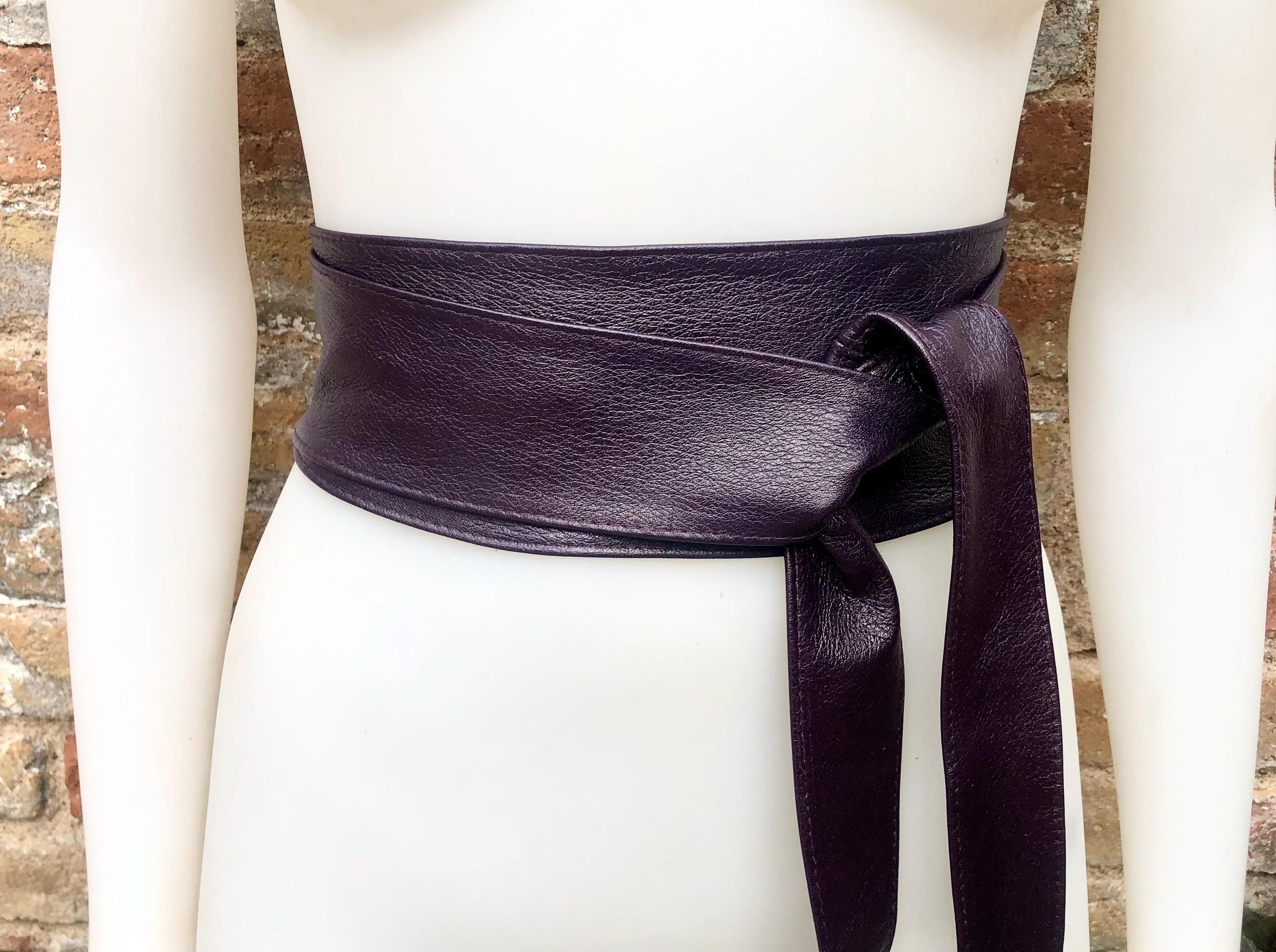 Dark PURPLE obi belt. Wrap belt in soft genuine leather. Wraparound waist belt. Wide style. Boho dress belt in soft EGGPLANT leather
