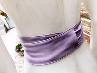 Light PURPLE obi belt. Lavender soft genuine leather. Wraparound lilac waist belt. Wide style. Boho dress belt in soft mauve leather
