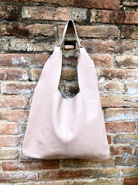 Light pink shoulder leather bag. Dusty pink leather shopper. Soft genuine leather. Carry all bag for your laptop, books etc. Pink purse