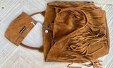 Camel brown fringed shopper bag in genuine suede leather. Saddle brown tote bag for laptops, tablets, books. Brown leather purse + fringes
