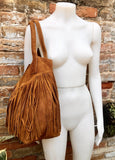 Camel brown fringed shopper bag in genuine suede leather. Saddle brown tote bag for laptops, tablets, books. Brown leather purse + fringes
