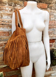 Camel brown fringed shopper bag in genuine suede leather. Saddle brown tote bag for laptops, tablets, books. Brown leather purse + fringes