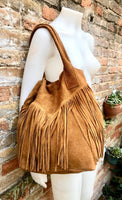 Camel brown fringed shopper bag in genuine suede leather. Saddle brown tote bag for laptops, tablets, books. Brown leather purse + fringes