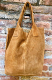 Camel brown fringed shopper bag in genuine suede leather. Saddle brown tote bag for laptops, tablets, books. Brown leather purse + fringes