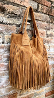 Camel brown fringed shopper bag in genuine suede leather. Saddle brown tote bag for laptops, tablets, books. Brown leather purse + fringes