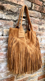 Camel brown fringed shopper bag in genuine suede leather. Saddle brown tote bag for laptops, tablets, books. Brown leather purse + fringes