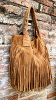 Camel brown fringed shopper bag in genuine suede leather. Saddle brown tote bag for laptops, tablets, books. Brown leather purse + fringes
