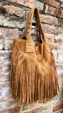 Camel brown fringed shopper bag in genuine suede leather. Saddle brown tote bag for laptops, tablets, books. Brown leather purse + fringes