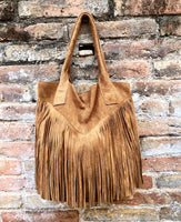 Camel brown fringed shopper bag in genuine suede leather. Saddle brown tote bag for laptops, tablets, books. Brown leather purse + fringes