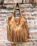 Camel brown fringed shopper bag in genuine suede leather. Saddle brown tote bag for laptops, tablets, books. Brown leather purse + fringes